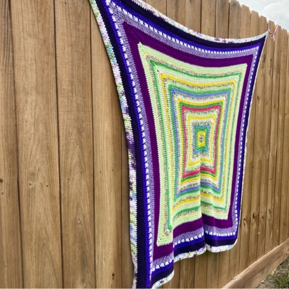 Small Handmade Crocheted Throw Blanket 54” x 52” Purple Green Yellow Pink